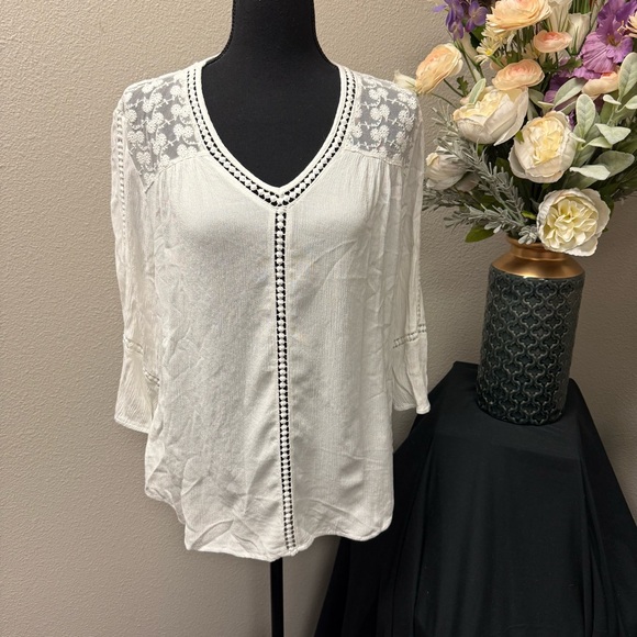 JohnPaulRichard Tops - John Paul Richard White Lace Blouse L | Boho Chic Sheer Top Spring Summer Work